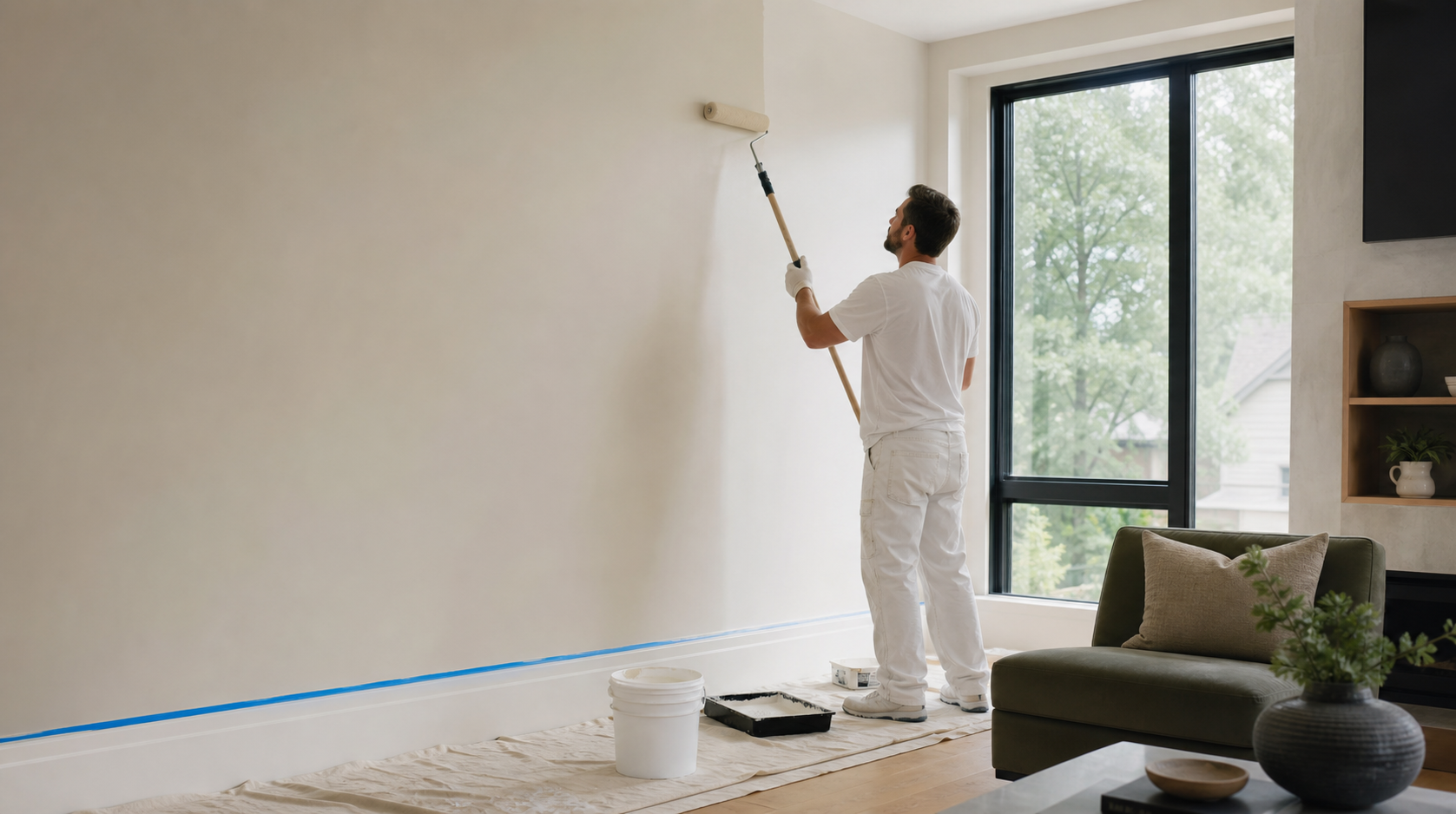 Professional painter carefully repainting a bright residential living room
